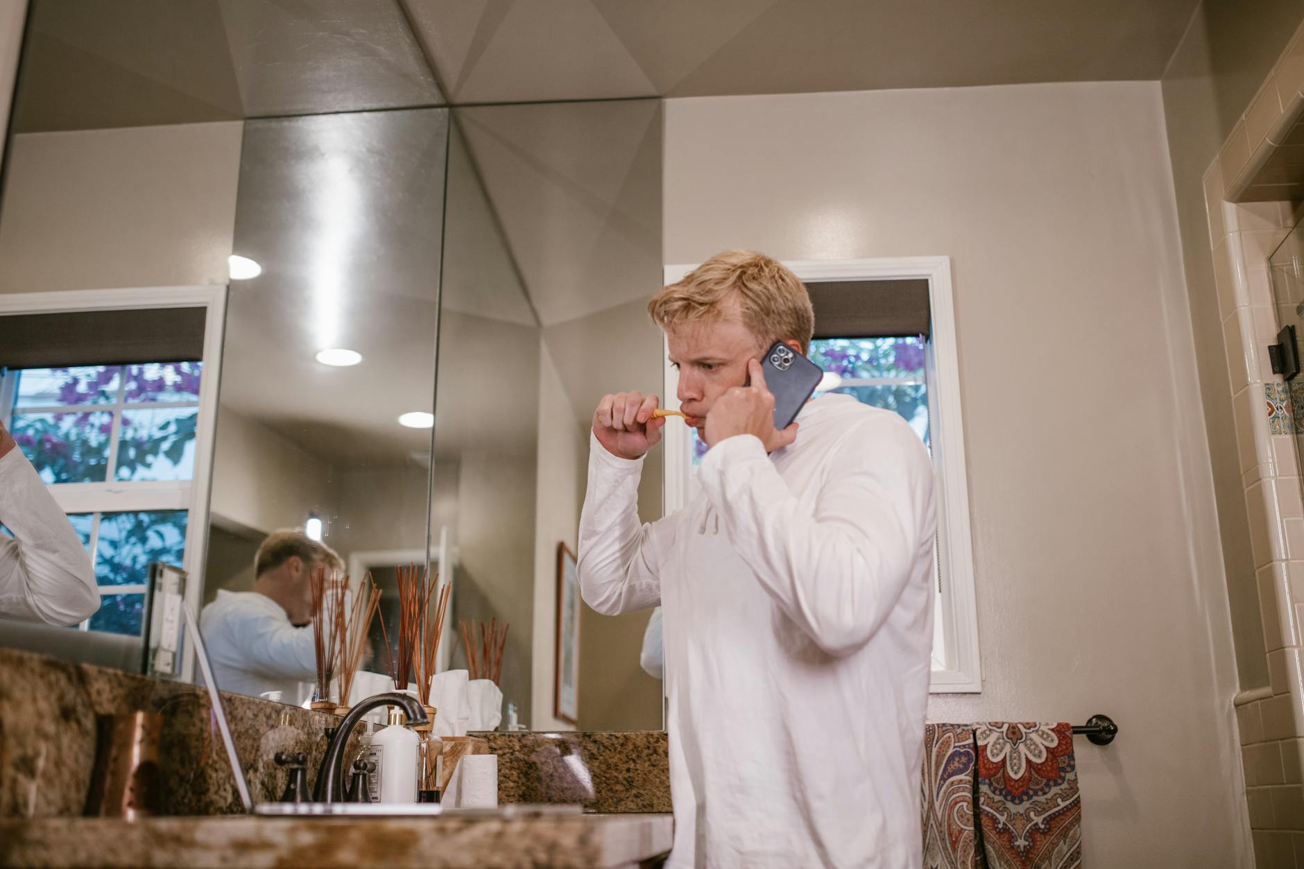 A person waking up to morning routine, surrounded by alarm clock, coffee, and a healthy breakfast plate or smoothie in hand, promoting wellness and self-care.